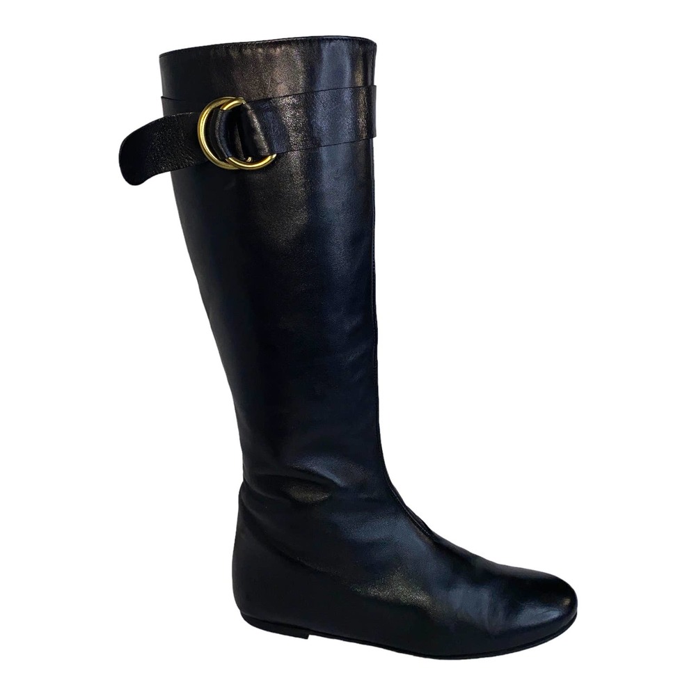 Vintage 1990s Barneys New York Black Leather Riding Boot Flat Sole D Rings sz 38